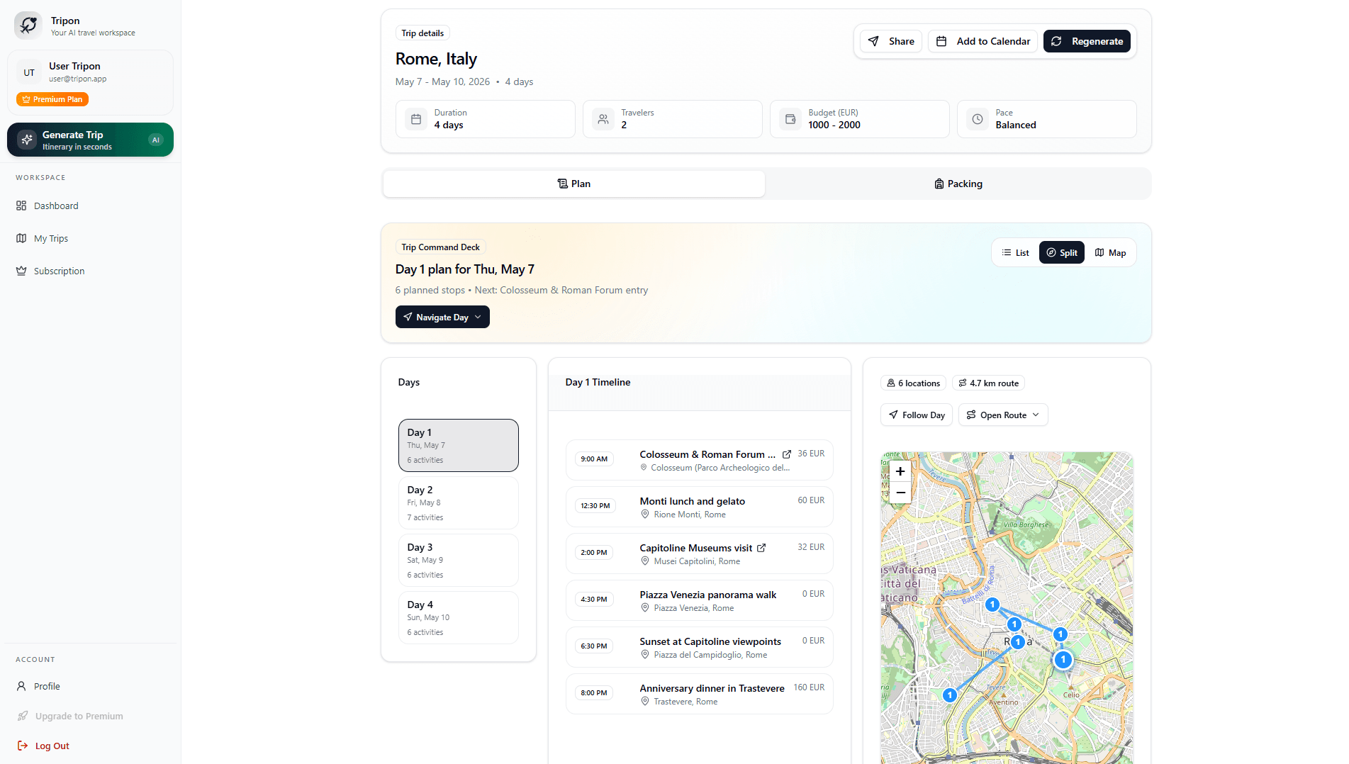 Tripon itinerary planner dashboard preview